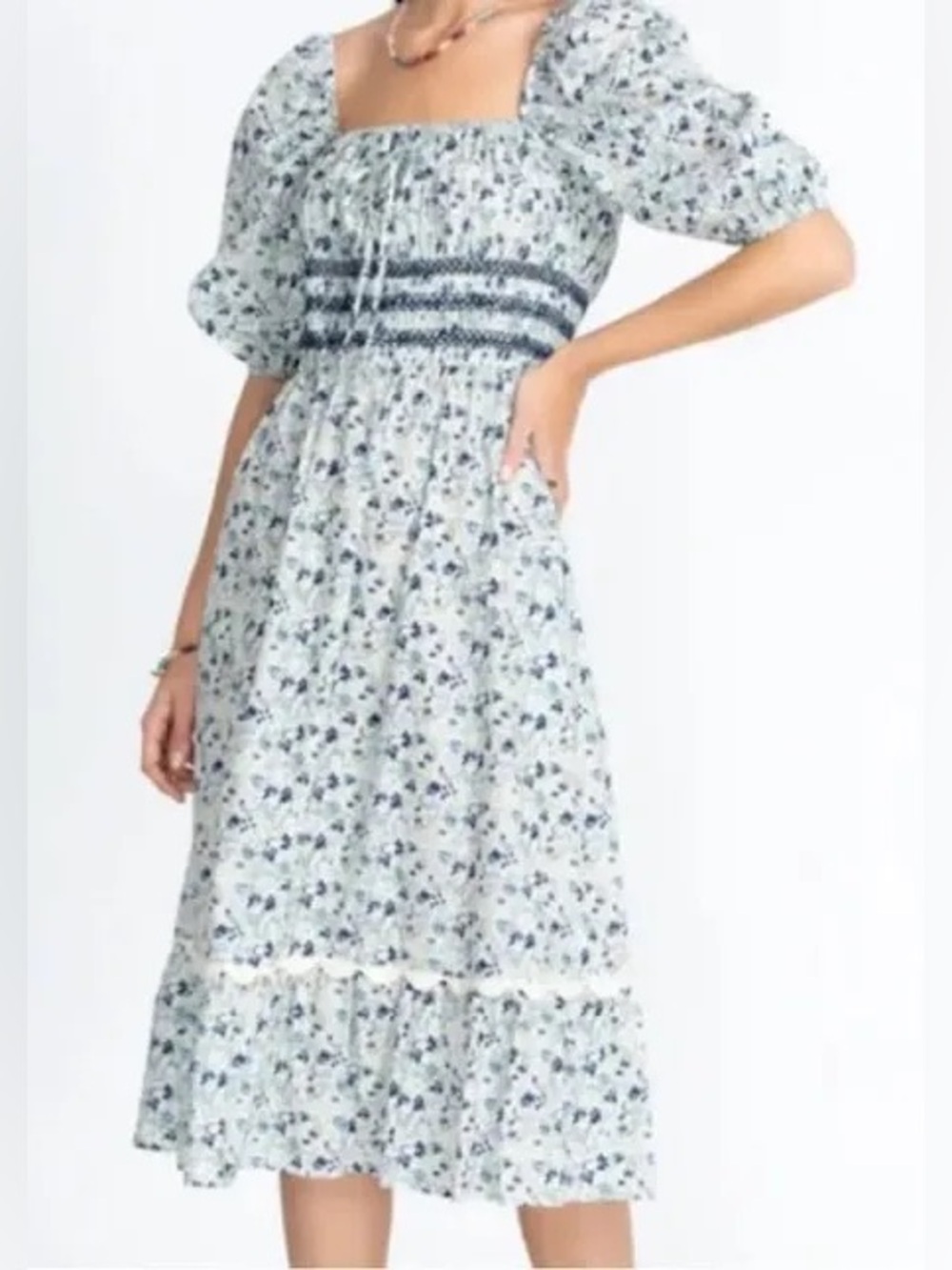 Johnny Was Camille Floral Smocked Cotton Midi Dress XL
